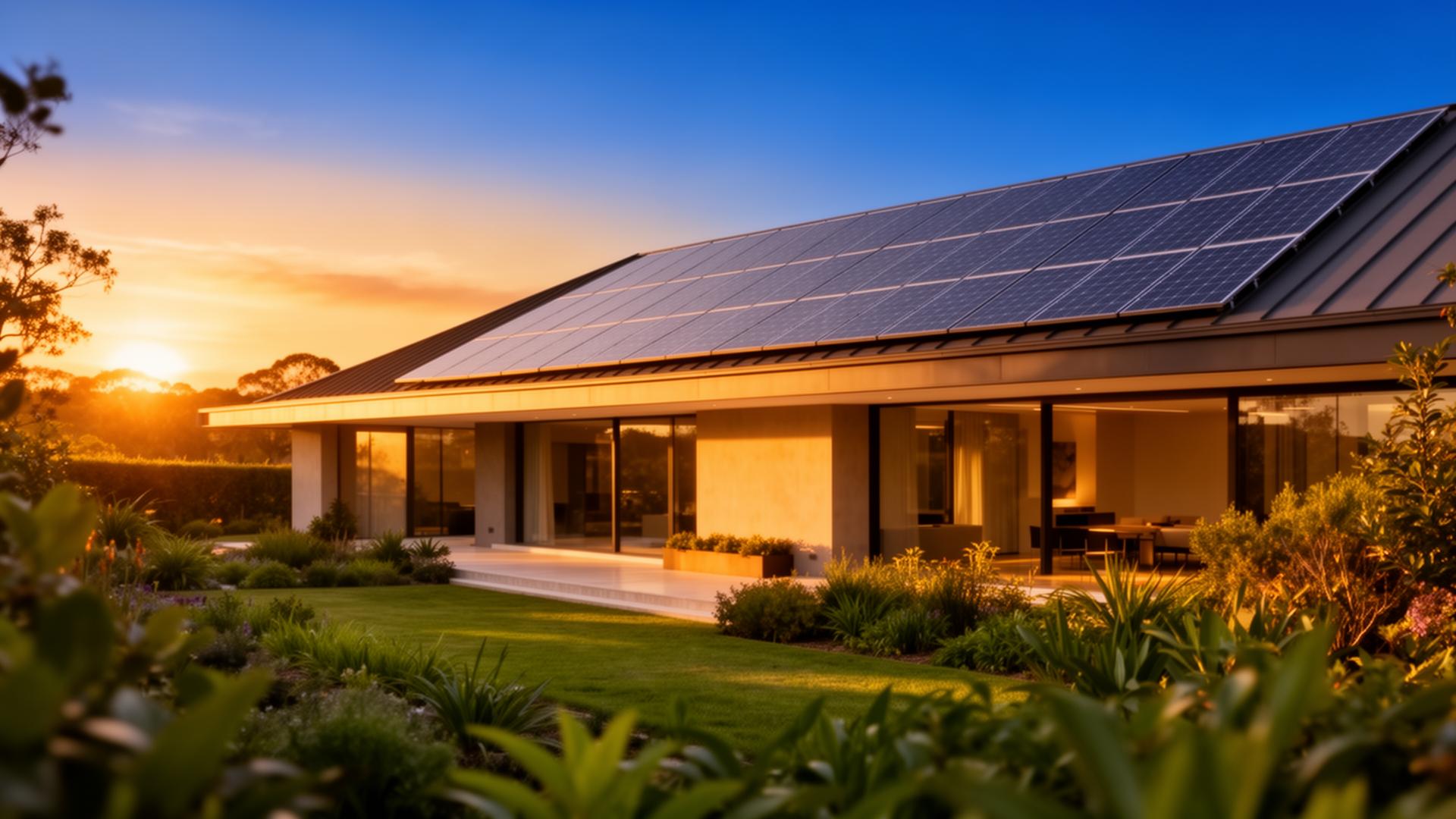 Maison moderne équipée de panneaux solaires au coucher du soleil